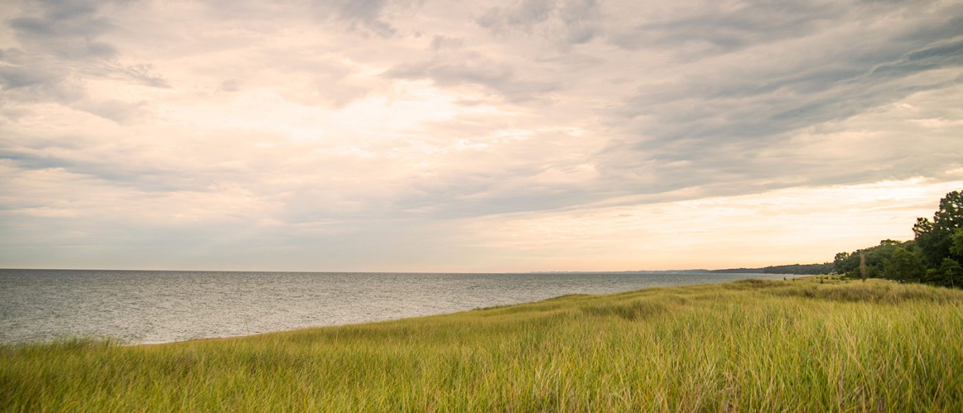 New Buffalo Beach is a beautiful destination no matter the season or time of day. And, it's just a short 15-minute walk from Marina Grand Resort Cloudy beach grass view looking out over Lake Michigan in the early morning light