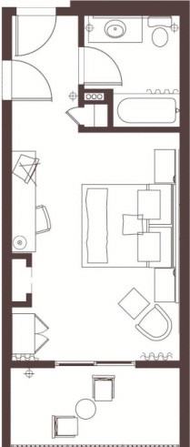 graphic floor plan showing a king hotel room