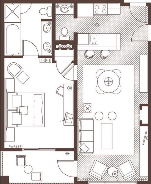 Floorplan of a One Bedroom Mariner Suite room with a bedroom, bathroom, living room, kitchen and a balcony at Marina Grand Resort