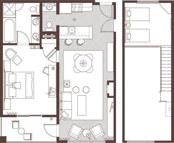 floor plan graphics showing two-bedroom and three-bedroom loft suites