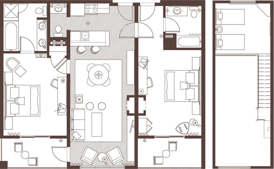 Floorplan of Three Bedroom Loft Suite at Marina Grand Resort with two King bedrooms, one loft with two twin beds, living room, two bathrooms, kitchen and two balconies